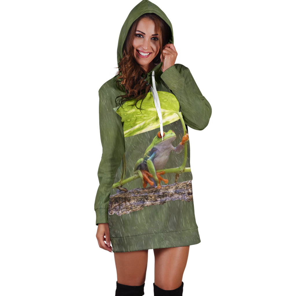 Front view of Frog in The Rain Luxury Woman Dress worn by female model – Black Owned fashion, custom-made premium polyester hoodie dress with elegant style.