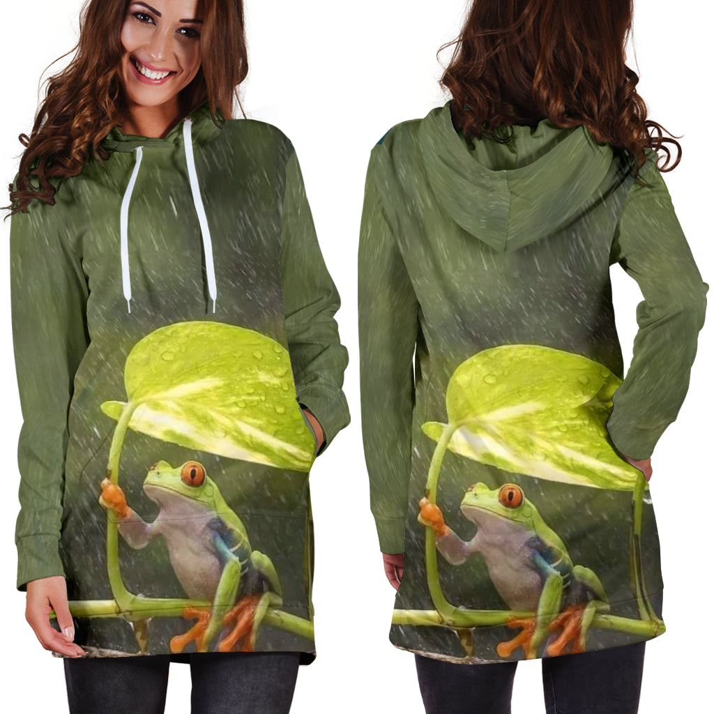 Model wearing Frog in the Rain Women's Hoodie Dress with one hand in pocket – Black Owned handcrafted hoodie dress combining cultural style and everyday comfort.