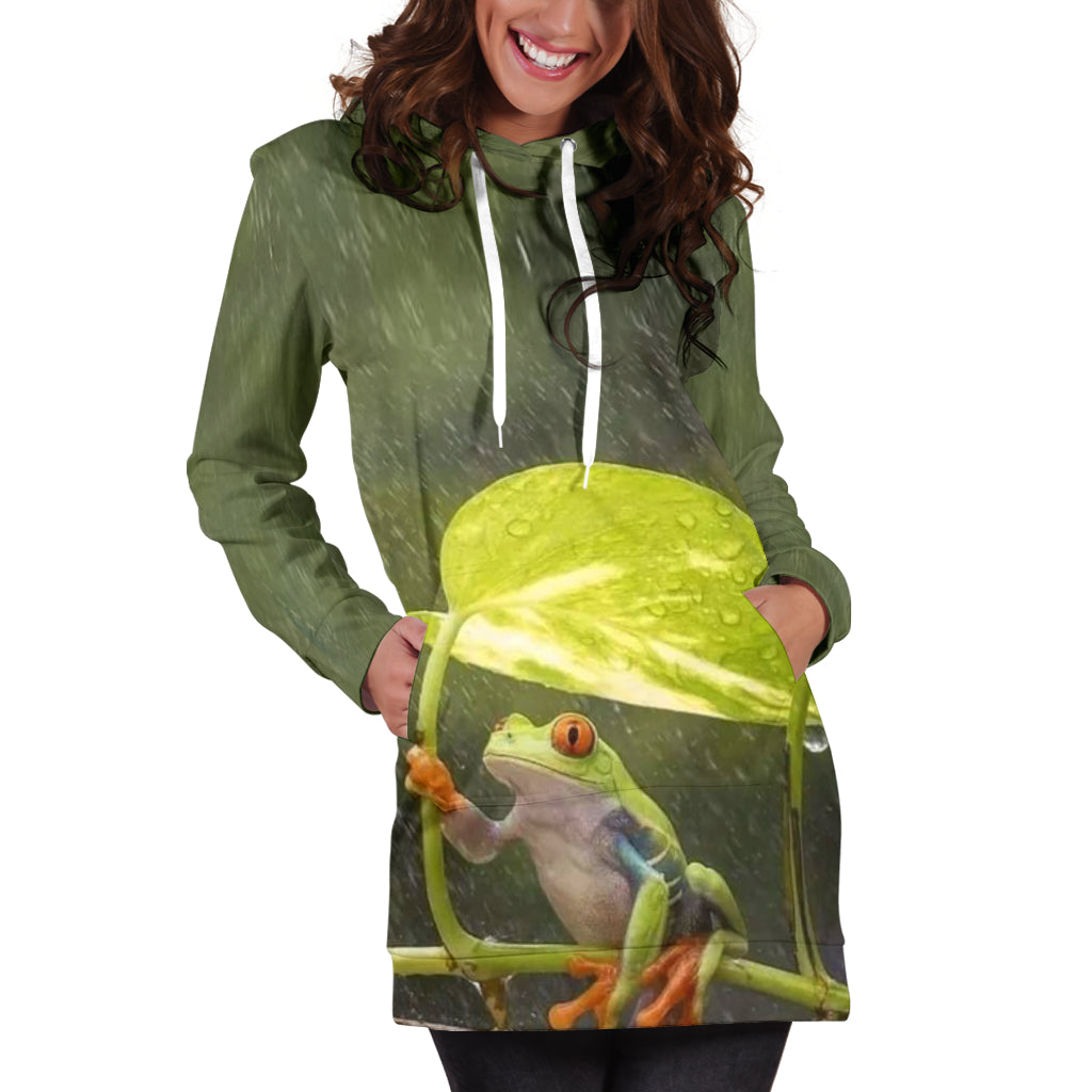 Frog in the Rain Women's Hoodie Dress on female model with both hands in pockets – Black Owned hoodie dress custom-made for comfort, durability, and standout style.