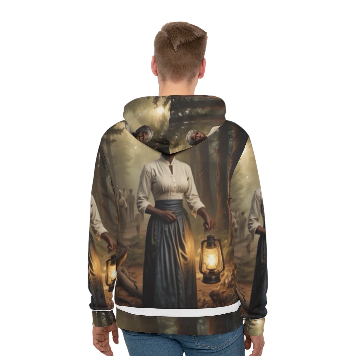 Back view of Harriet Tubman Hoodie worn by model – Black Owned Brand, customizable hood with premium polyester fabric.