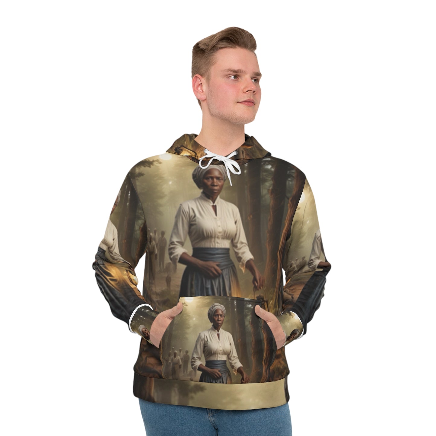 Side view of Harriet Tubman Hoodie worn by model – Black Owned Brand, casual streetwear style.