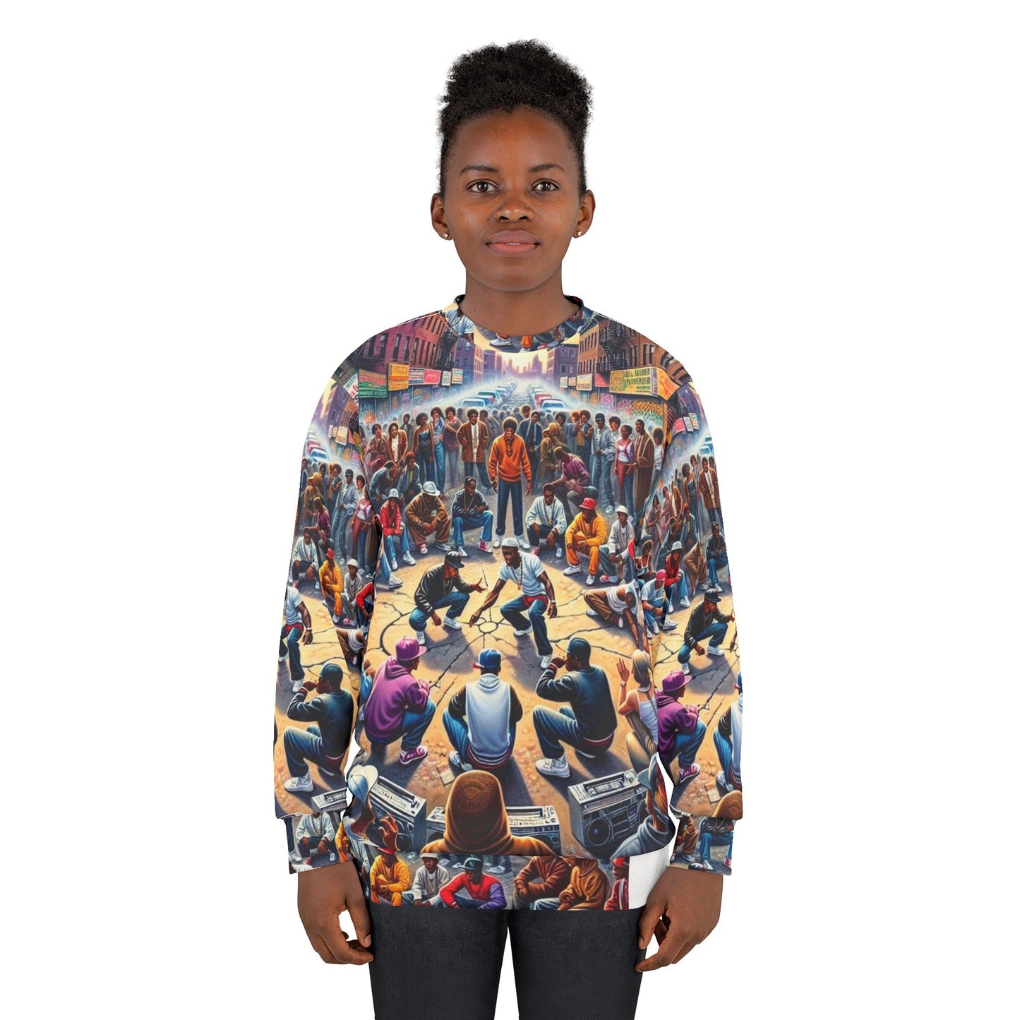 Model wearing the Heritage Unisex Sweatshirt – Black-Owned all-over print design, soft fleece textile, and fashionable fit.