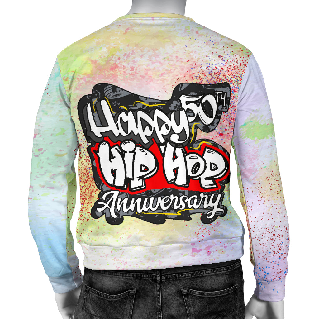 Back view of Hip Hop Anniversary Sweater displayed on mannequin – Black Owned handcrafted woven polyester sweater designed for durability and cultural pride.