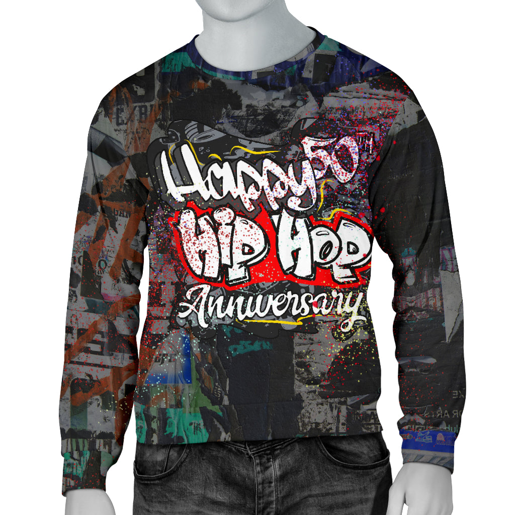 Front view of Hip Hop Anniversary Sweater on mannequin – Black Owned custom-made premium woven polyester sweatshirt for hip hop fans.