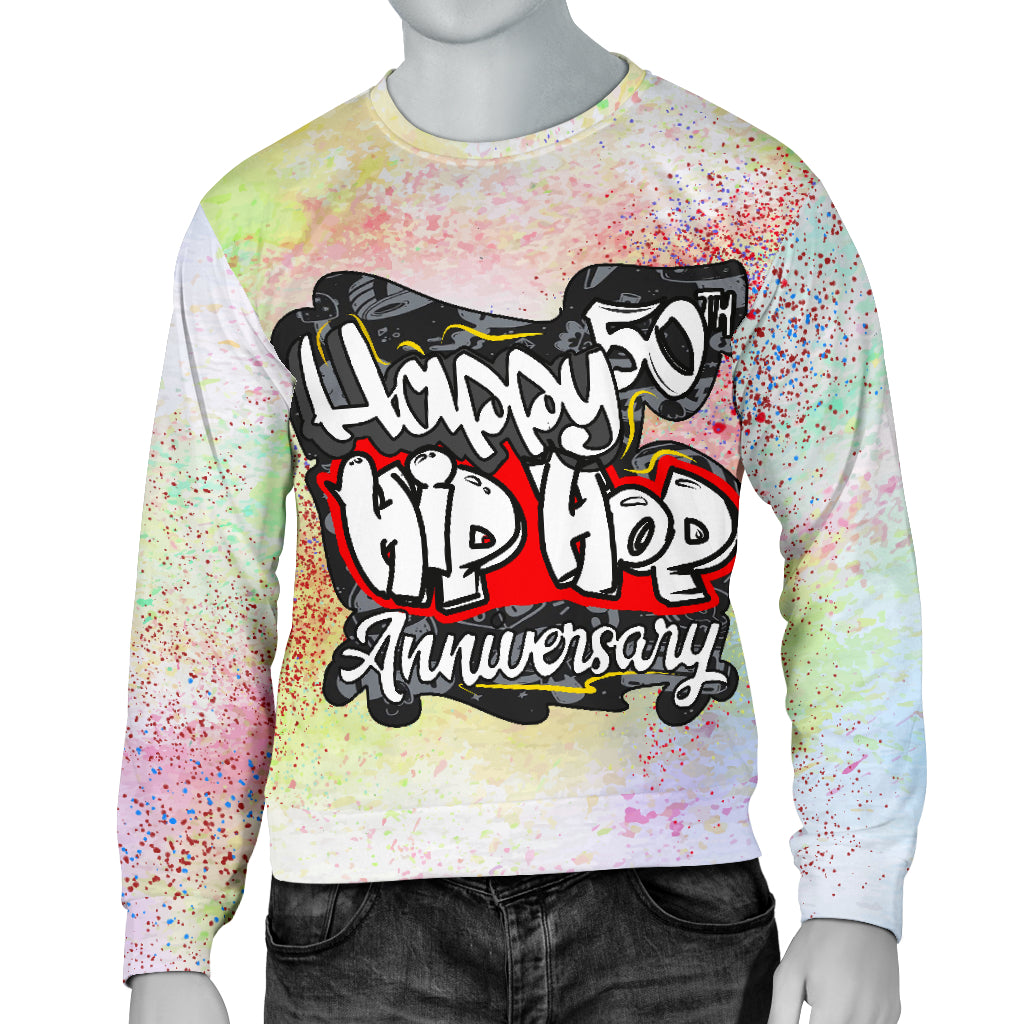 Front view of Hip Hop Anniversary Sweater on mannequin – Black Owned custom-made sweater crafted from premium woven polyester, celebrating hip hop legacy with comfort and style.