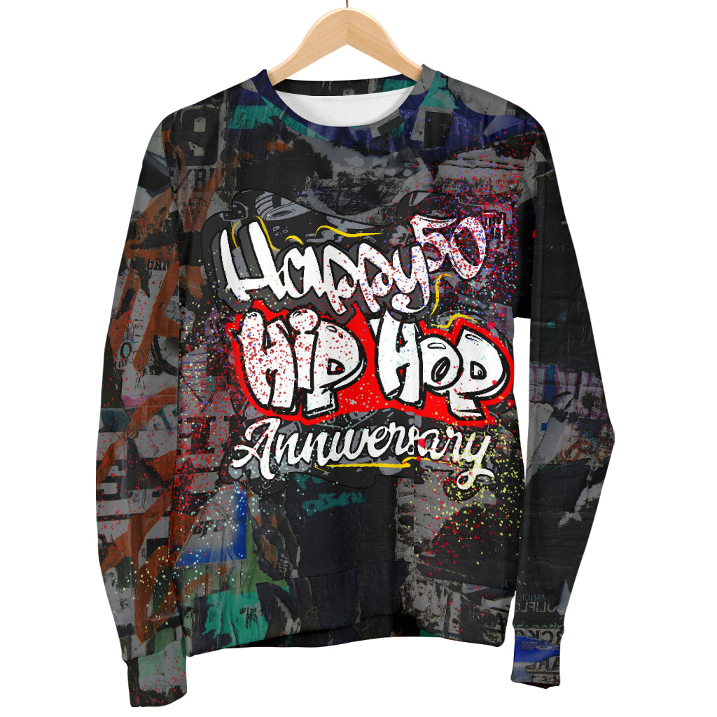 Hip Hop Anniversary Sweater hanging display – Black Owned brand, custom-made premium woven polyester sweatshirt for hip hop culture and streetwear fashion.