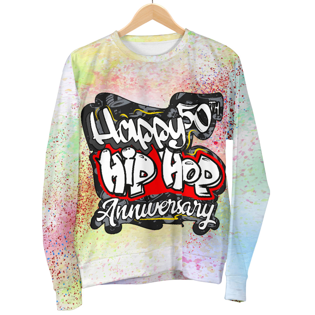 Hanging display of Hip Hop Anniversary Sweater – Black Owned handcrafted sweater celebrating the history and influence of hip hop.