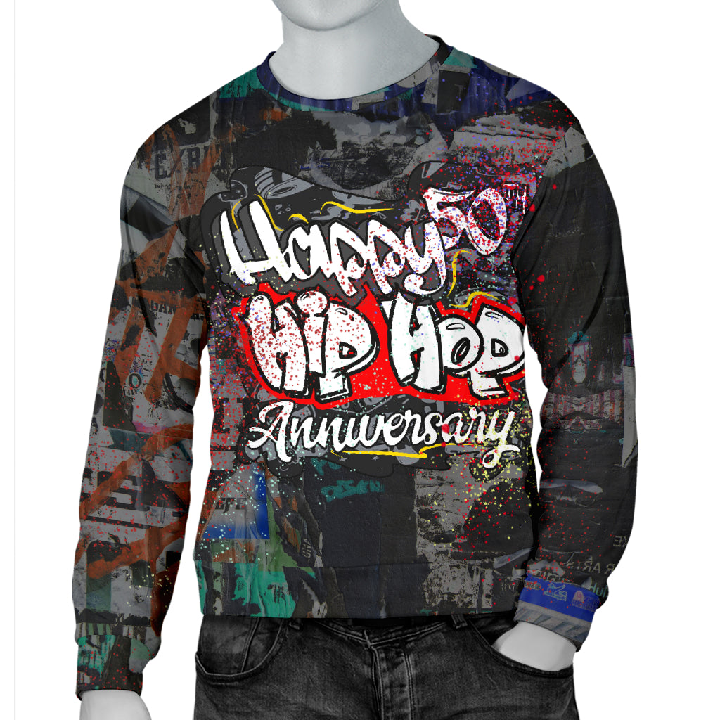Hip Hop Anniversary Sweater on mannequin with one hand in front pocket – Black Owned streetwear sweater, custom-made woven polyester for hip hop fans.