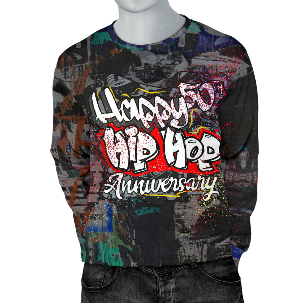 Mannequin wearing Hip Hop Anniversary Sweater with both hands in back pockets – Black Owned apparel, premium quality sweatshirt for streetwear lovers.