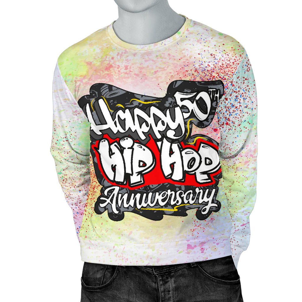 Hip Hop Anniversary Sweater on mannequin with both hands in pockets – Black Owned premium woven polyester sweater offering comfort and a bold tribute to hip hop culture.