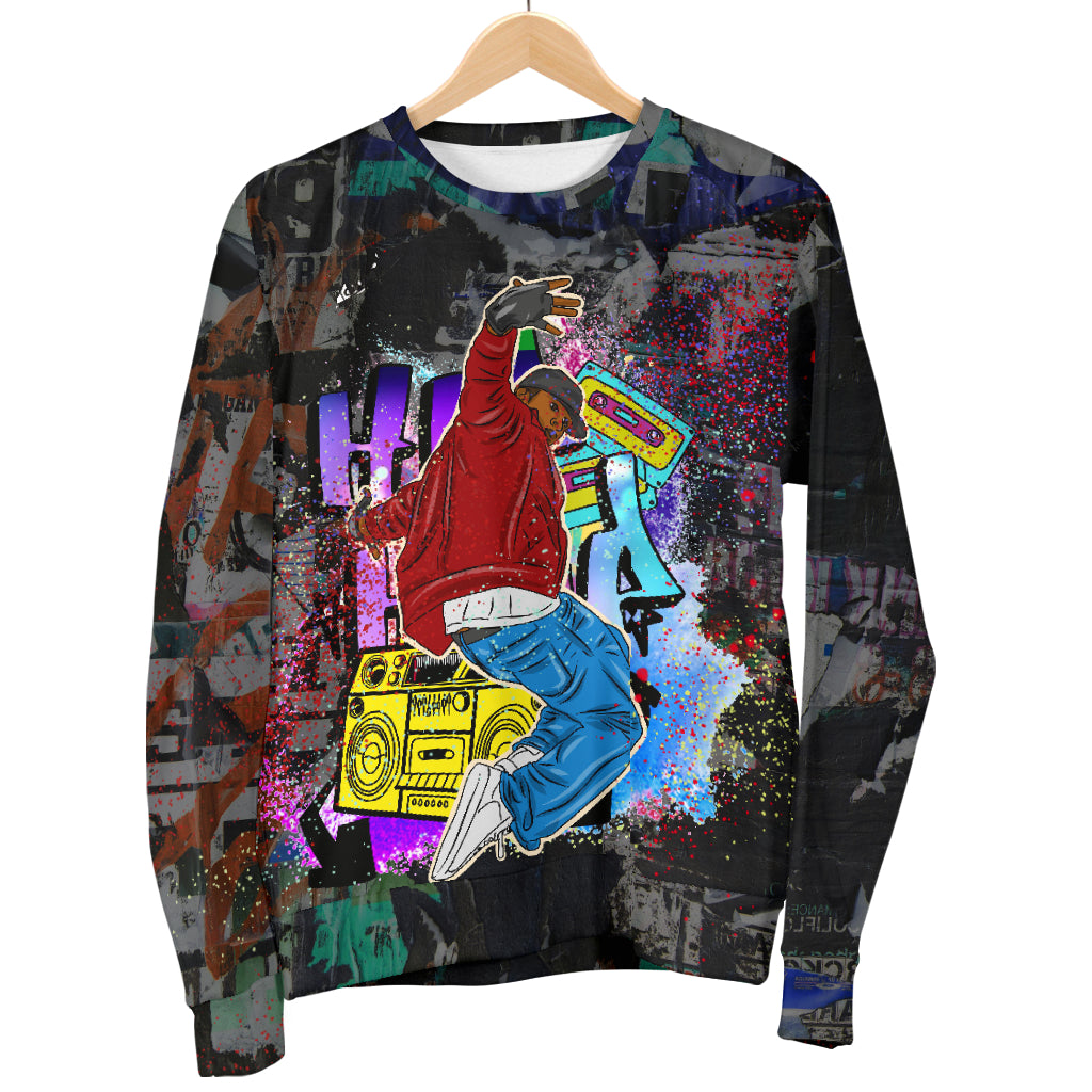 Hip Hop Luxury Music Sweater hanging display – Black Owned brand, custom-made premium polyester sweater showcasing streetwear hip hop fashion.