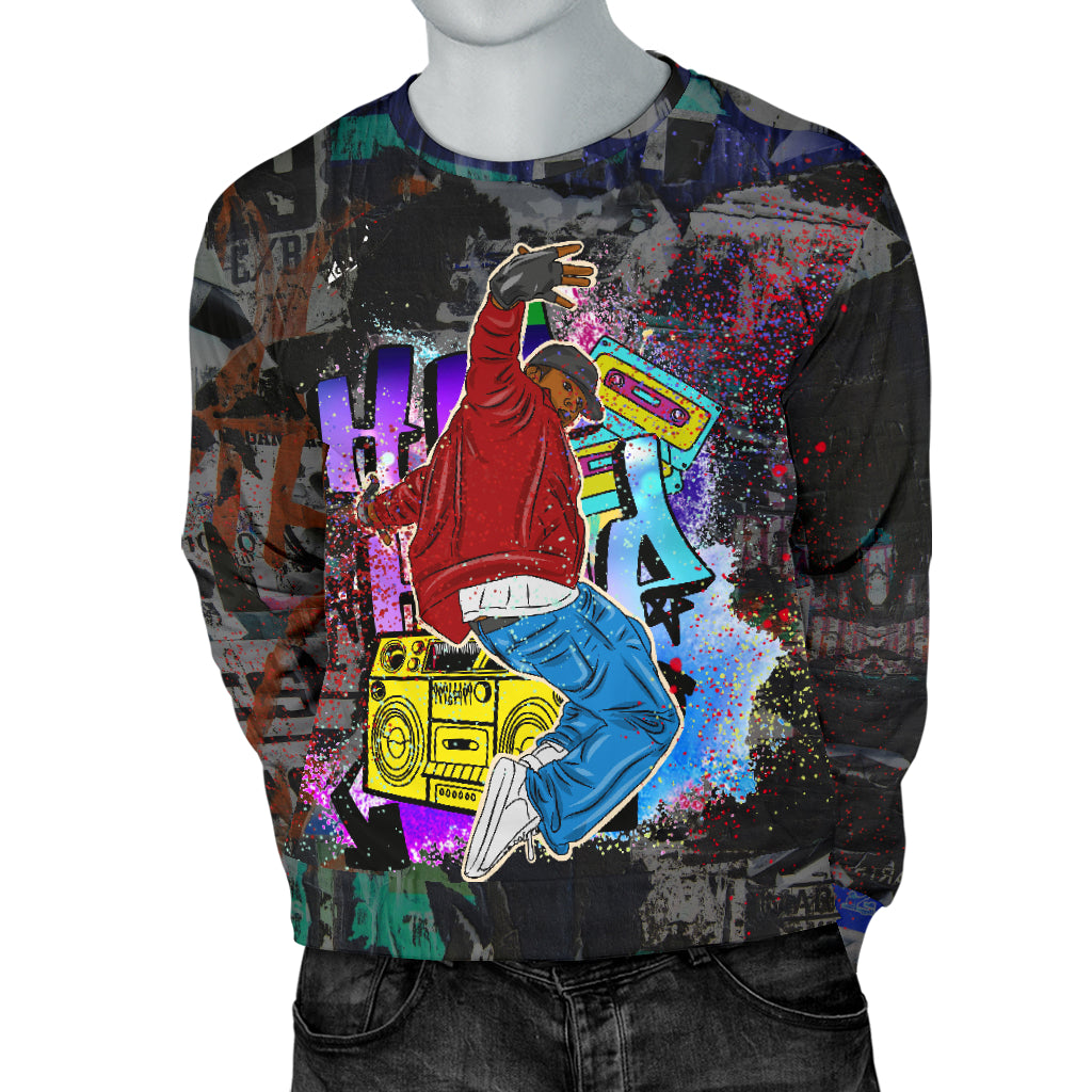 Mannequin wearing Hip Hop Luxury Music Sweater with both hands in back pockets – Black Owned apparel, hip hop-inspired luxury design.