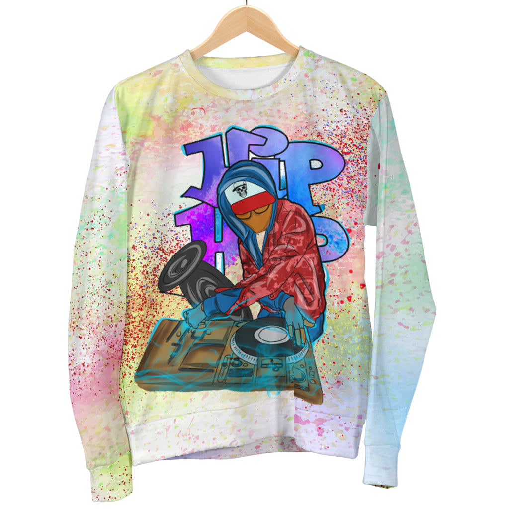 Hanging display of Hip Hop Musician Sweater – Black Owned premium woven polyester sweater designed for music lovers and hip hop enthusiasts.