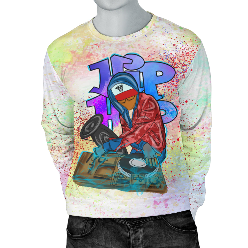 Hip Hop Musician Sweater on mannequin with both hands in pockets – Black Owned handcrafted sweater blending cultural expression with comfort and durability.
