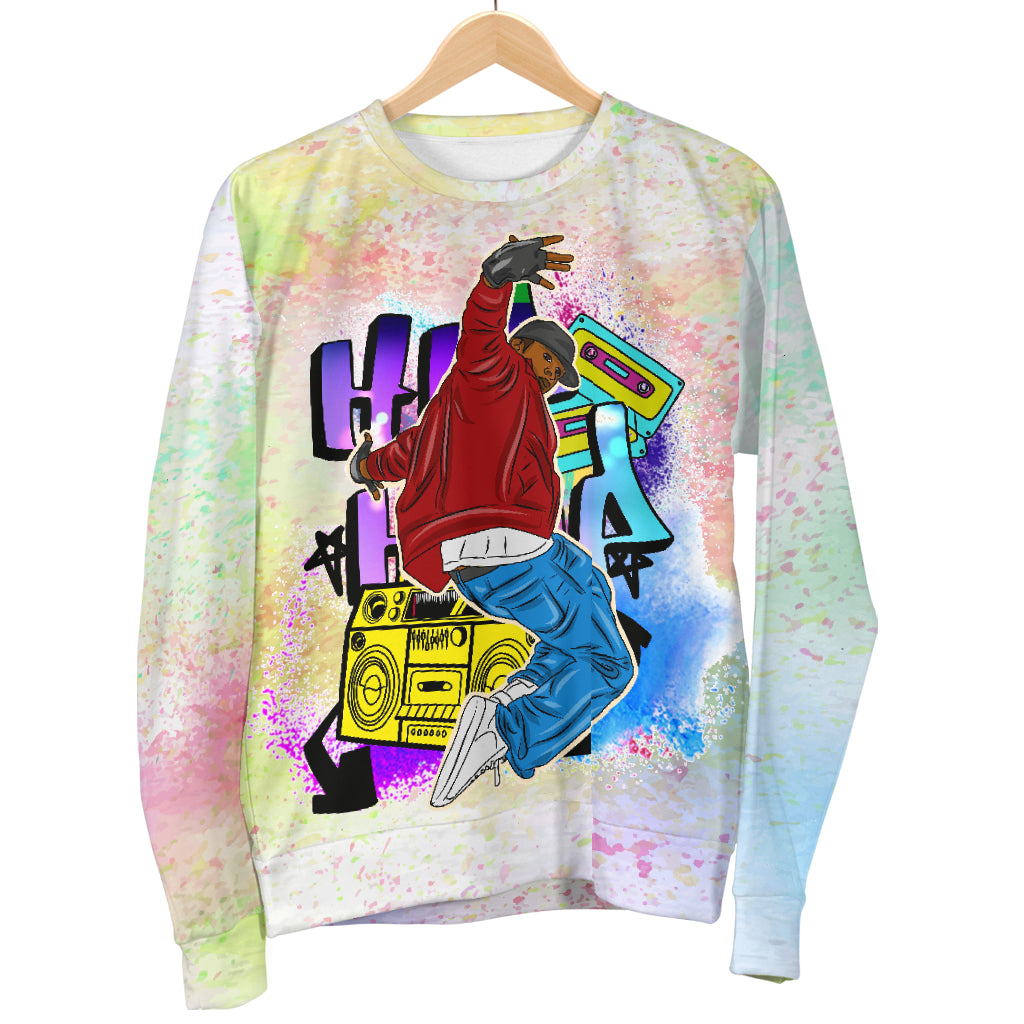 Hanging display of Hip Hop World Sweater – Black Owned handcrafted woven polyester sweater celebrating worldwide hip hop culture and streetwear elegance.