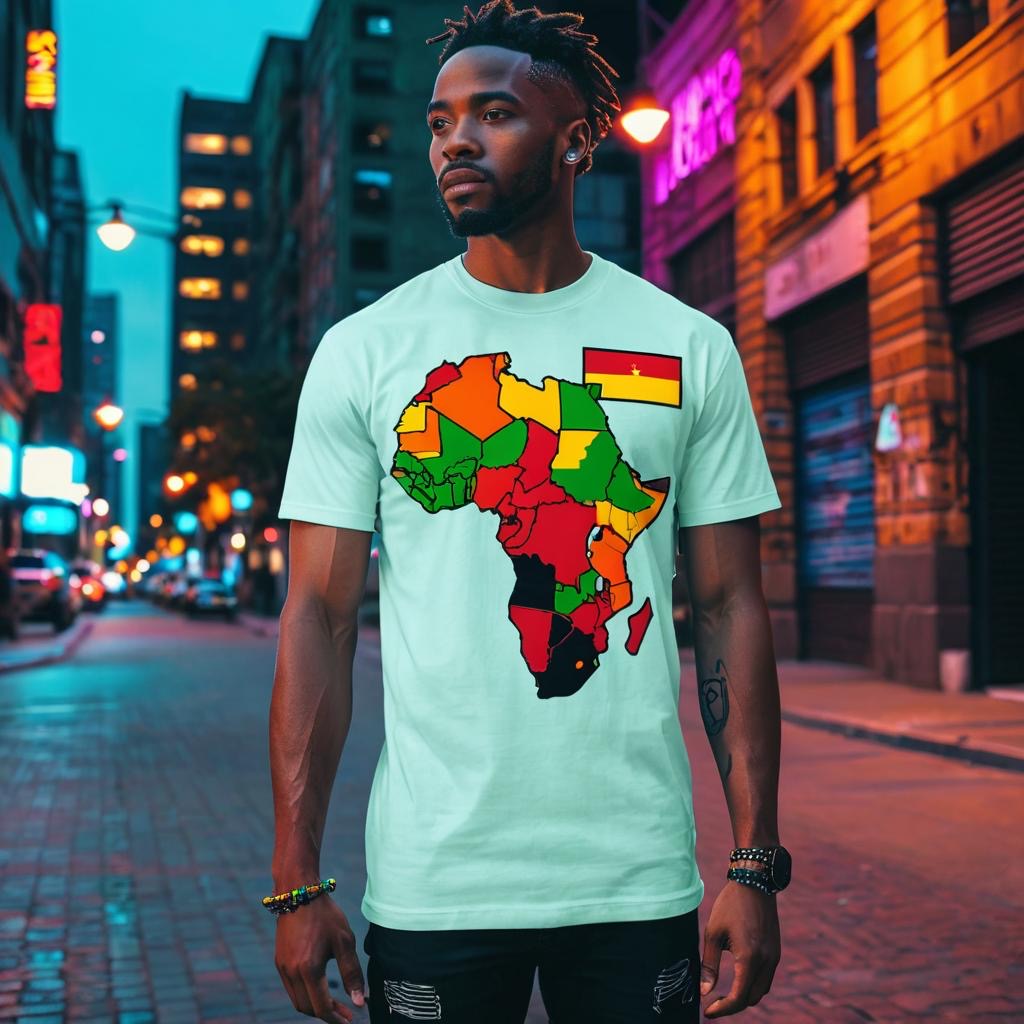 Front view of Celebrate Freedom Juneteenth Commemorative T-Shirt worn by model – Black Owned brand, soft cotton tee in light sky colors with Juneteenth flag accents