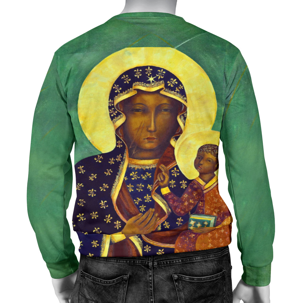 Back view of Lady of Czestochowa Black Madonna Sweater displayed on mannequin – Black Owned woven polyester sweater offering durability and cultural reverence.