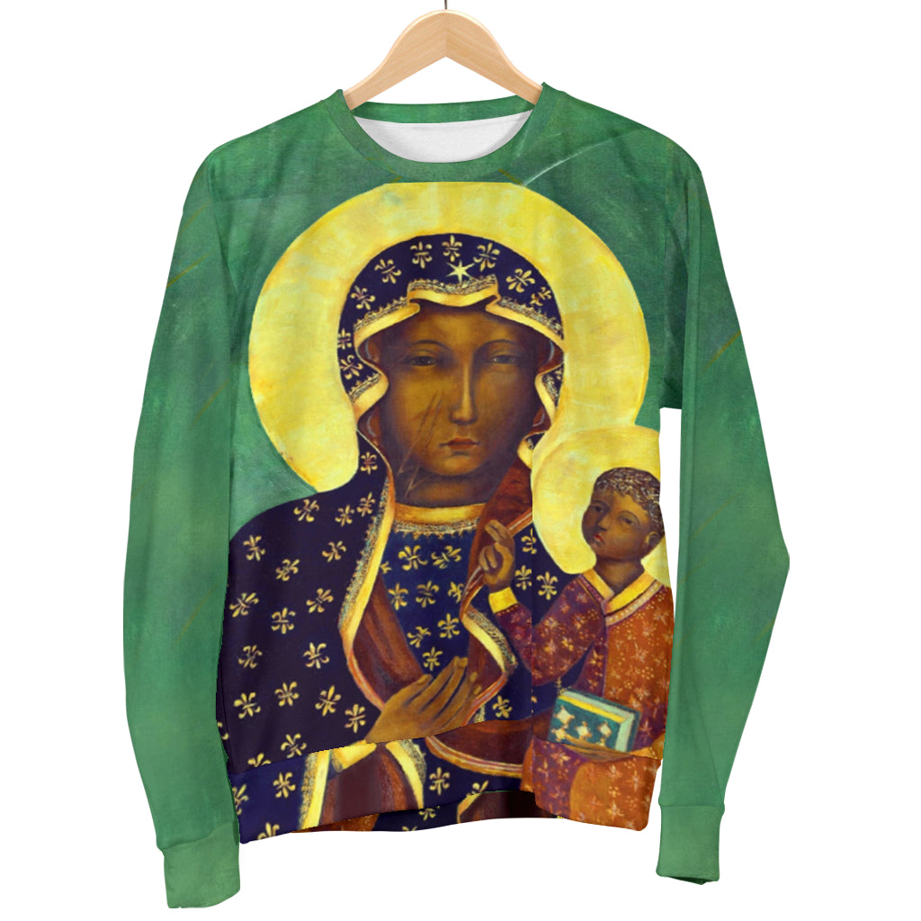Hanging display of Lady of Czestochowa Black Madonna Sweater – Black Owned custom sweater made from premium woven polyester for heritage-inspired style.