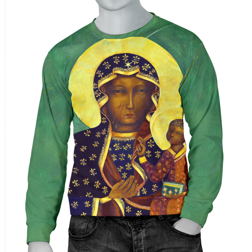 Mannequin wearing Lady of Czestochowa Black Madonna Sweater with one hand in pocket – Black Owned premium sweater blending tradition with everyday comfort.