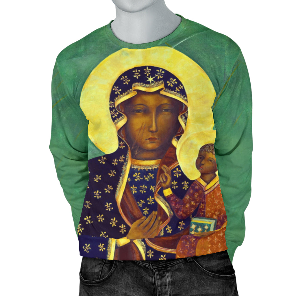 Lady of Czestochowa Black Madonna Sweater on mannequin with both hands in pockets – Black Owned handcrafted sweater celebrating culture and modern streetwear.