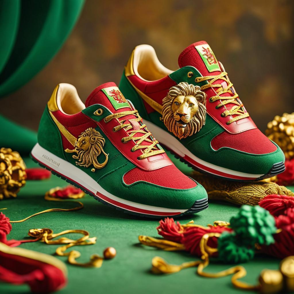 Lion of Judah Sneaker – Black Owned brand, red, green, and gold color scheme with 3D lion emblem, bold heritage-inspired design, durable and stylish sneaker.
