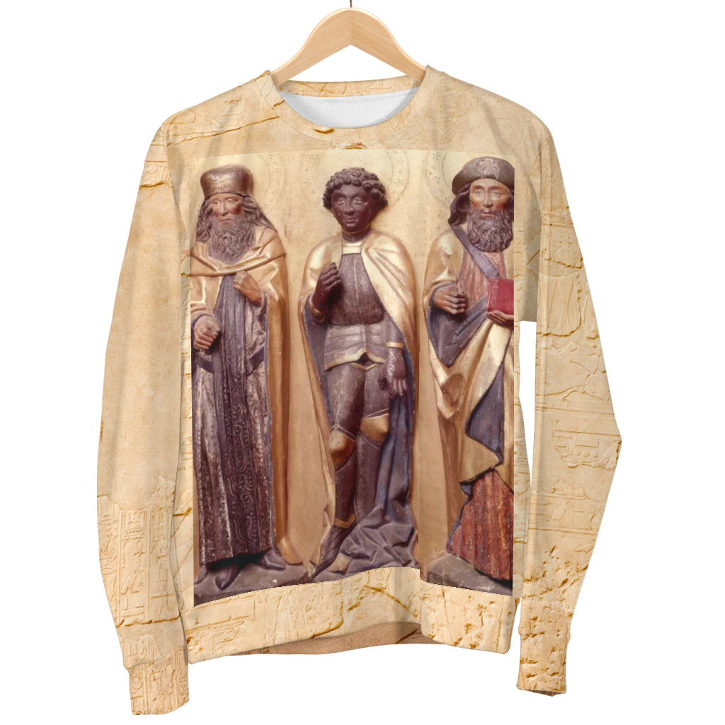 Hanging display of The Middle Age Sweater – Black Owned custom sweater made from woven polyester for a classic, heritage-inspired wardrobe staple.