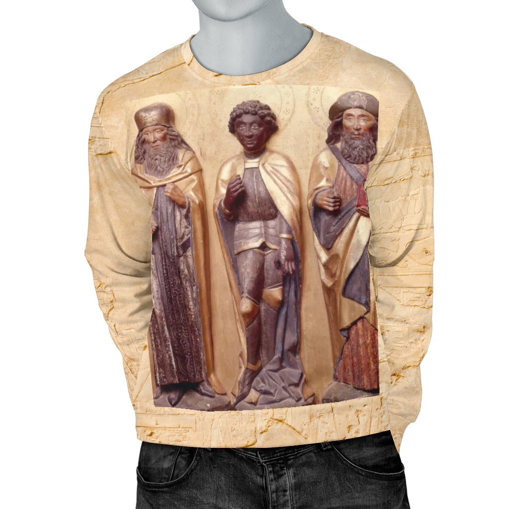 The Middle Age Sweater on mannequin with both hands in pockets – Black Owned handcrafted sweater showcasing bold style and everyday comfort.