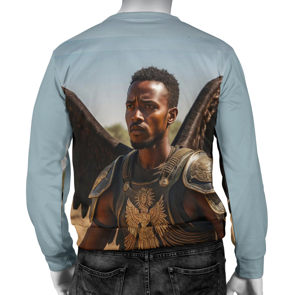 Back view of Natural Men’s Sweater in light sky color on mannequin – Black Owned brand, custom-made durable woven sweater with premium finish.