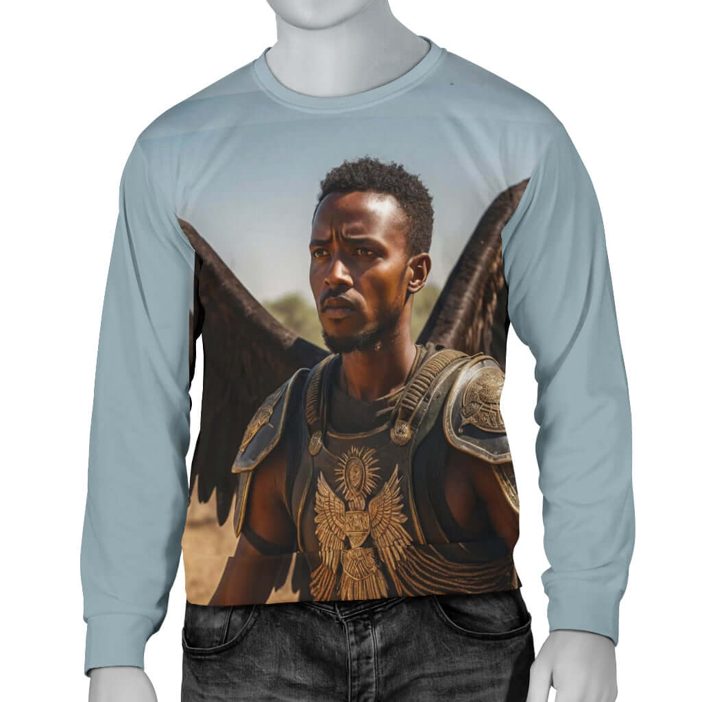A men's long-sleeve sweater featuring a printed design of a man with wings in ancient warrior costume.