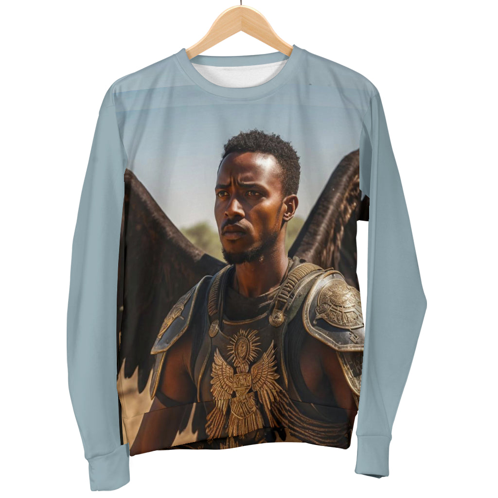 Natural Men’s Sweater in light sky color hanging on clothing rack – Black Owned brand, premium woven polyester handcrafted for lasting comfort and style.
