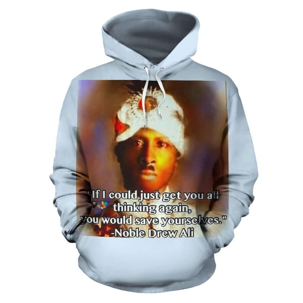 Front view of Noble Drew Ali All Over Hoodie – Black Owned brand, premium polyester blend celebrating cultural pride and resilience.