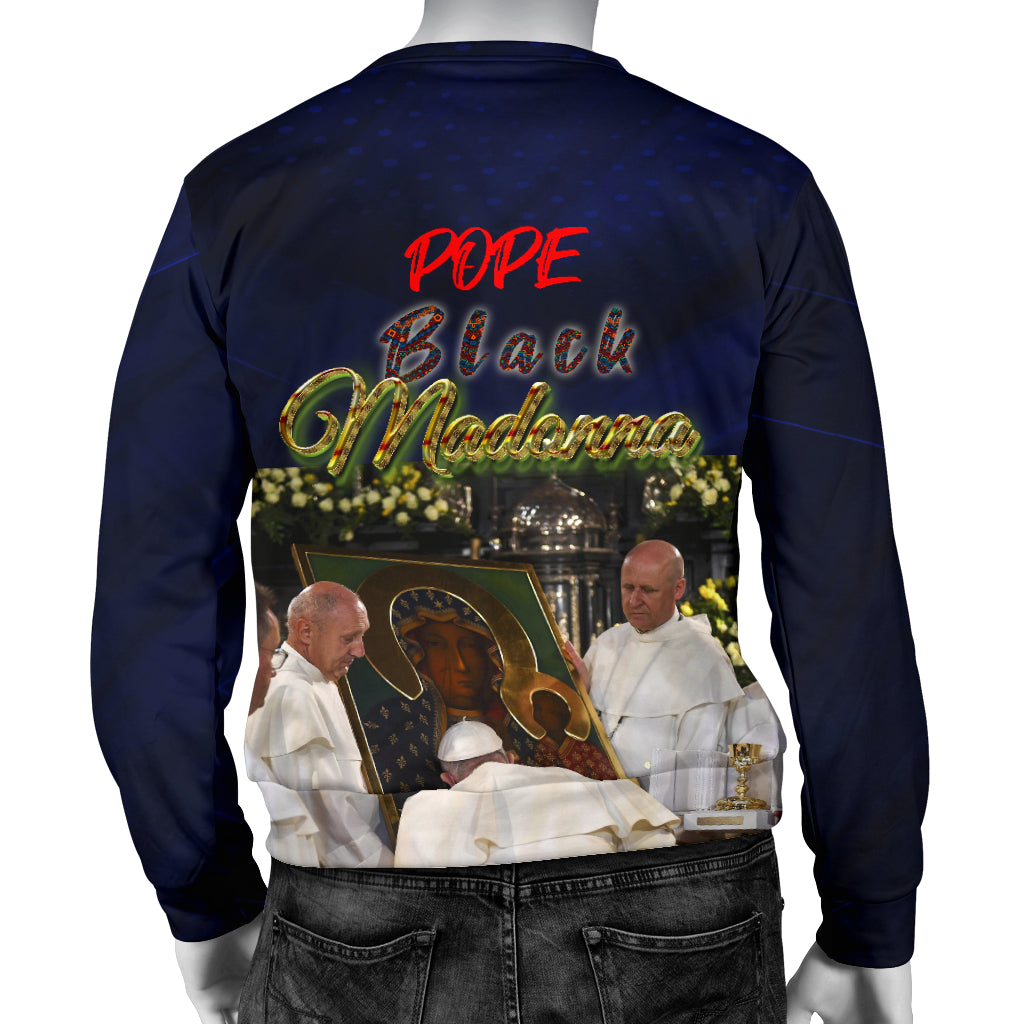 Back view of Pope Black Madonna Sweater displayed on mannequin – Black Owned woven polyester sweater designed for durability, comfort, and heritage pride.