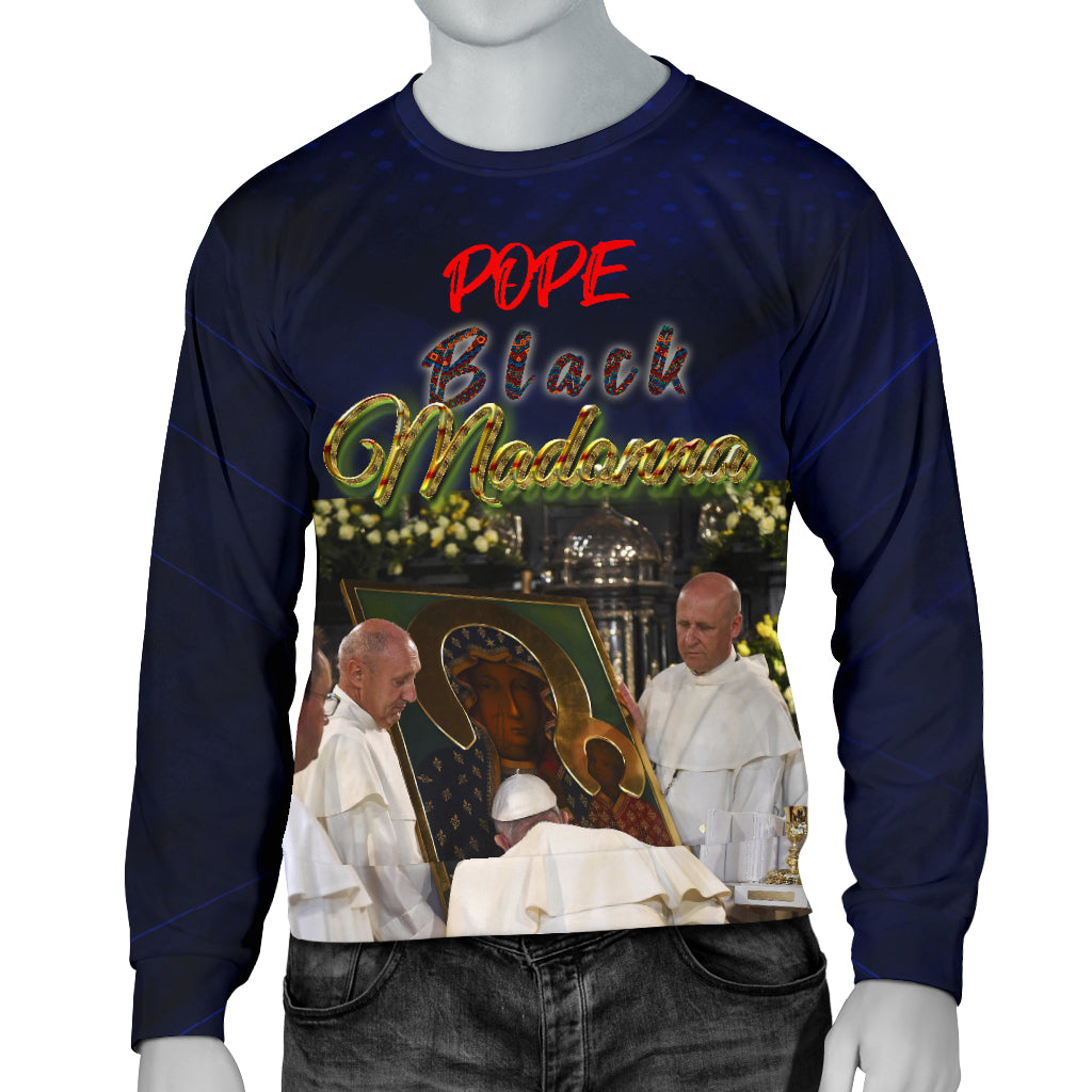 A navy blue long-sleeved men's sweater with a graphic print of three figures, including a pope and two other figures, on the front.