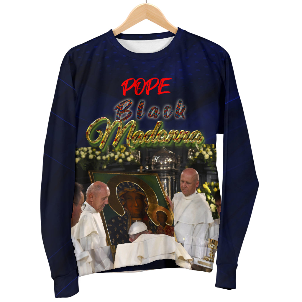 Hanging display of Pope Black Madonna Sweater – Black Owned custom sweater made from premium woven polyester, celebrating heritage and identity.