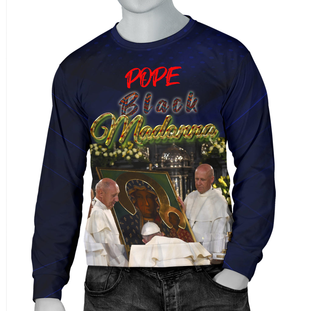 Mannequin wearing Pope Black Madonna Sweater with one hand in pocket – Black Owned premium sweater offering bold cultural symbolism and stylish comfort.