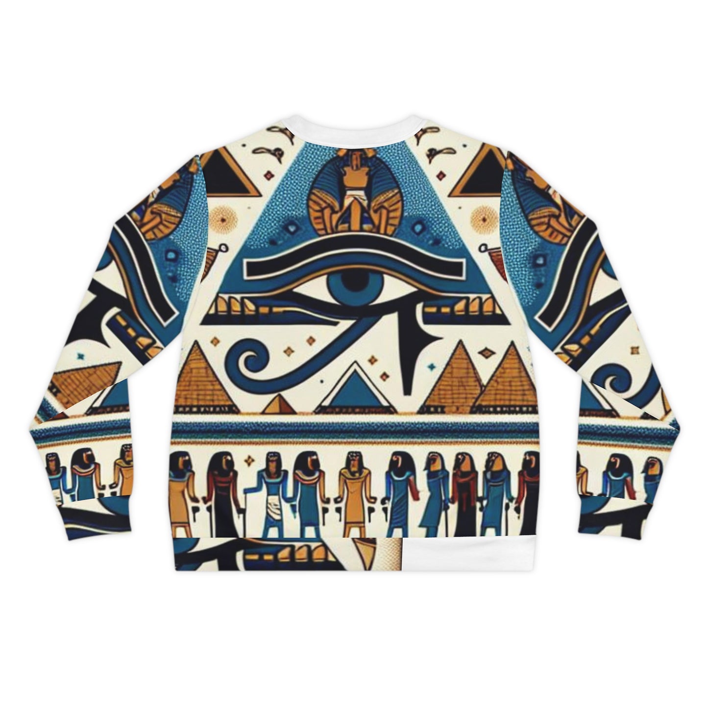 Back view of a pre-colonial hoodie featuring intricate Egyptian designs, pyramids, and ancient symbols.