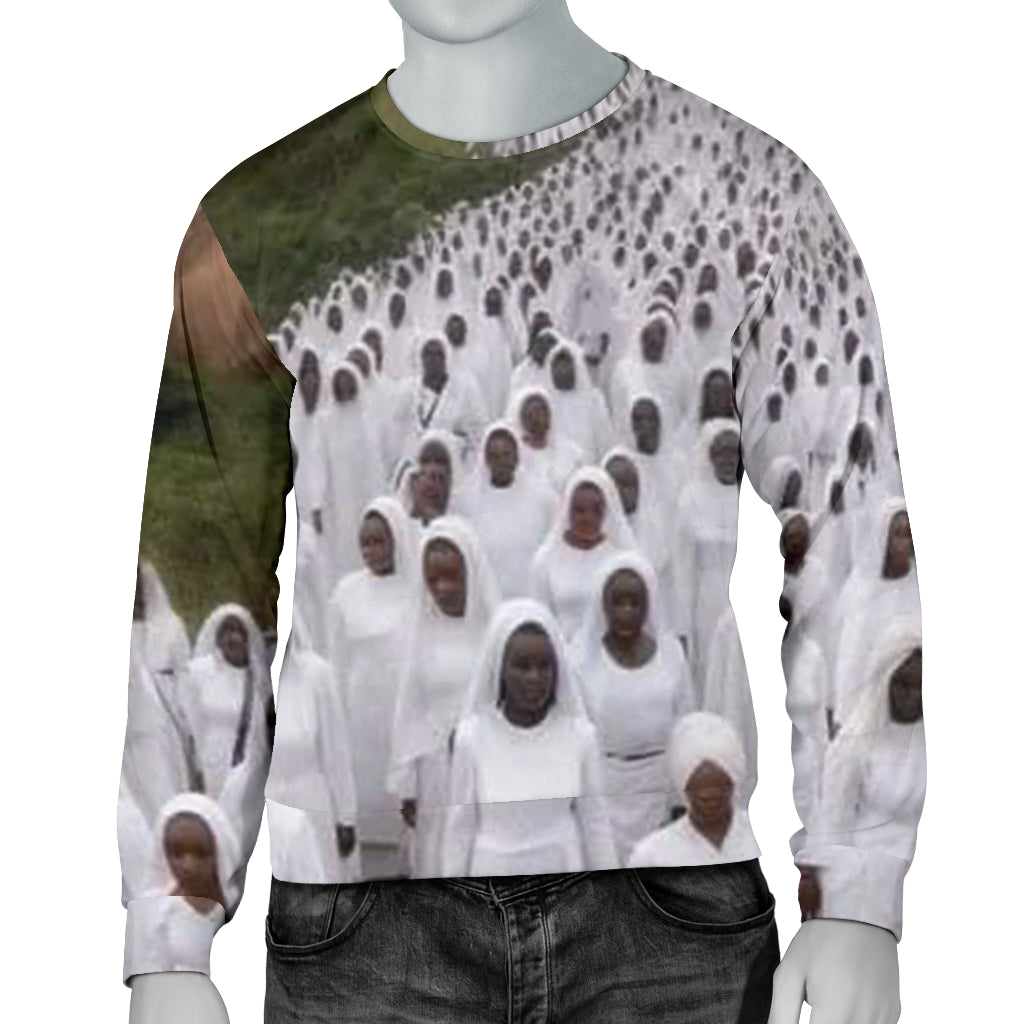 A male mannequin wearing a white sweater with a repeated pattern of a group of people in white dresses.