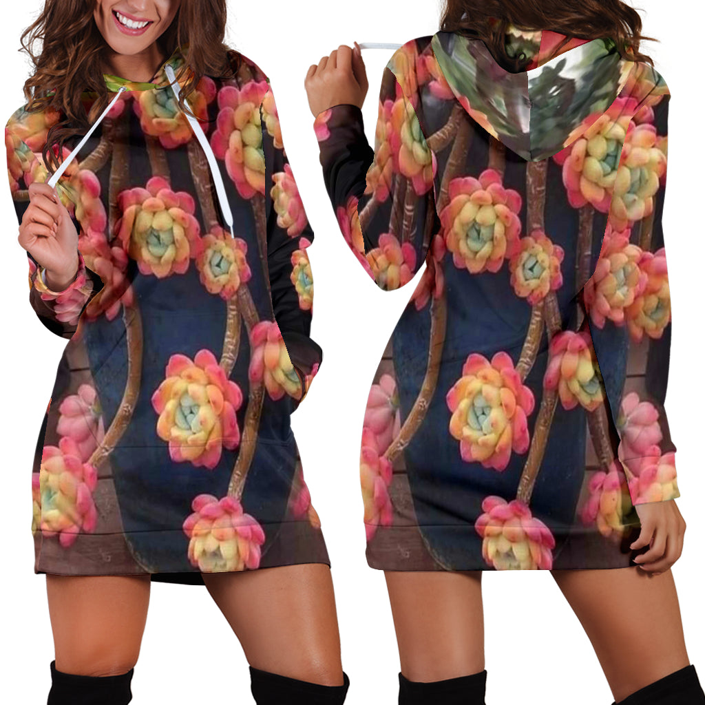 Front and back view of Succulent Flower Women's Hoodie Dress worn by female model – Black Owned premium polyester dress designed for comfort, durability, and floral-inspired style.