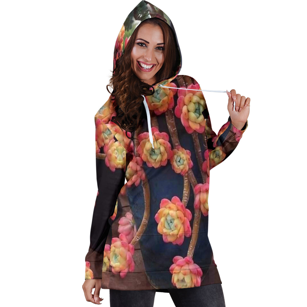 Front view of Succulent Flower Women's Hoodie Dress worn by female model – Black Owned premium polyester dress designed for comfort, durability, and floral-inspired style.