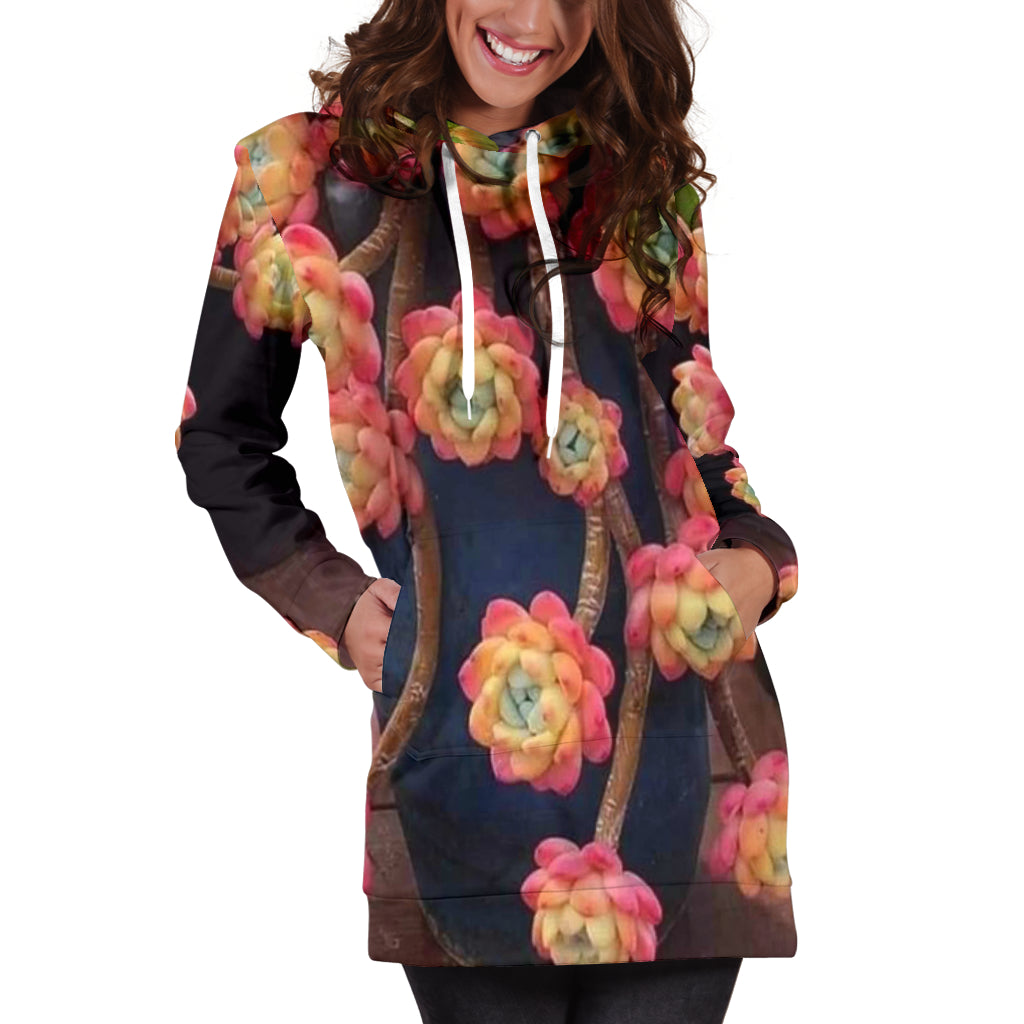 Succulent Flower Women's Hoodie Dress on model with both hands in pockets – Black Owned hoodie dress custom-made with premium polyester for stylish and versatile wear.