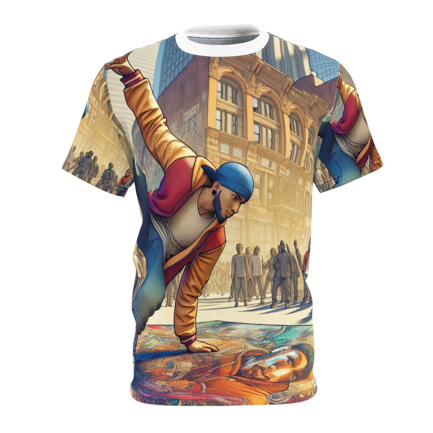 A unisex crew neck t-shirt with an all-over print featuring a stylized cartoon character on a city background.