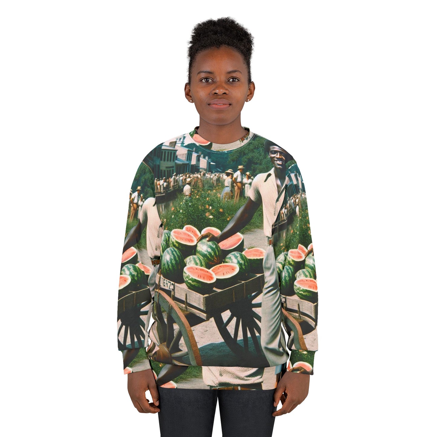 Model wearing watermelon-themed Black-Owned unisex heritage sweatshirt – vibrant design and soft fleece.
