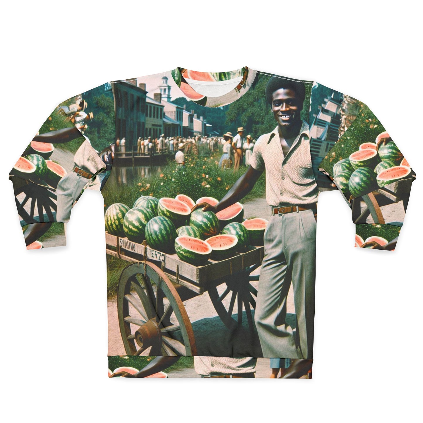 Folded – Watermelon-print unisex heritage sweatshirt, Black-Owned, smooth finish and soft texture.