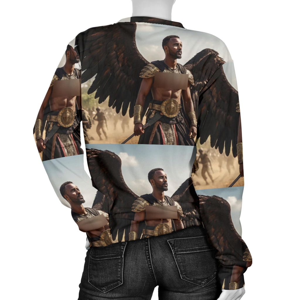 Back view of Women’s All Over Sweater on mannequin – Black Owned brand, custom-made sweater featuring full print design and premium woven polyester.