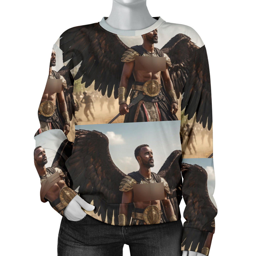 A women's sweater featuring a printed design with multiple images of the same person in various ancient warrior costumes against a brown background.