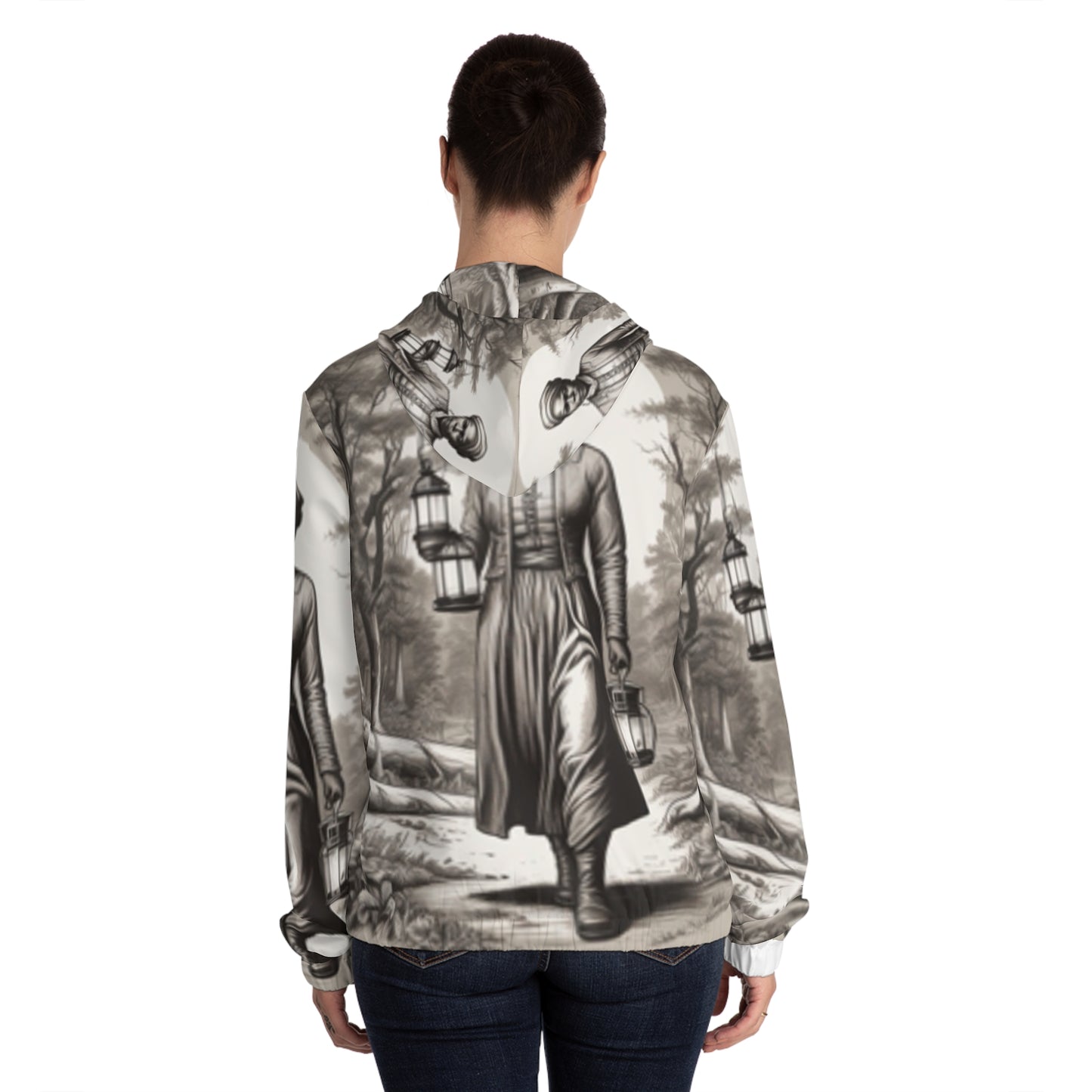 Back view of Women’s Full-Zip Hoodie worn by model – Black Owned brand, cozy design with adjustable drawstrings and custom print.