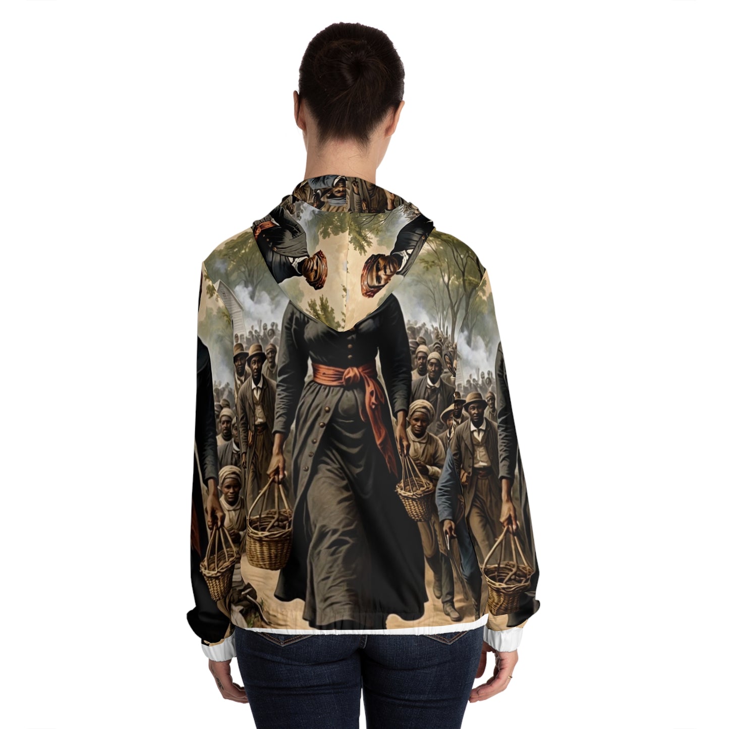 Back view of Women’s Full-Zip Hoodie worn by model – Black Owned Apparel, cozy design with adjustable drawstrings.