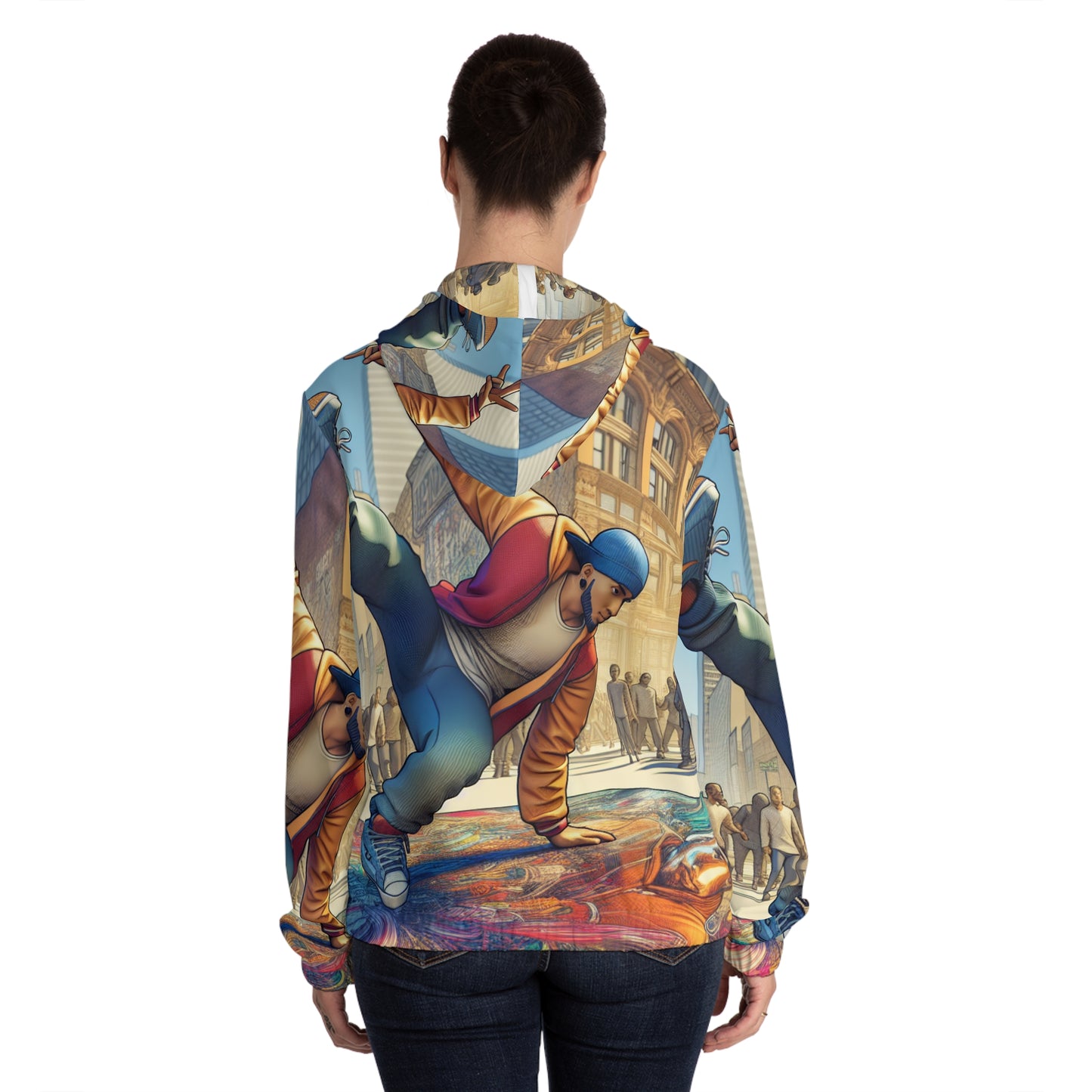 Back view of Women’s Full-Zip AOP Hoodie worn by model – Black Owned brand, customizable all-over print with cozy everyday design.