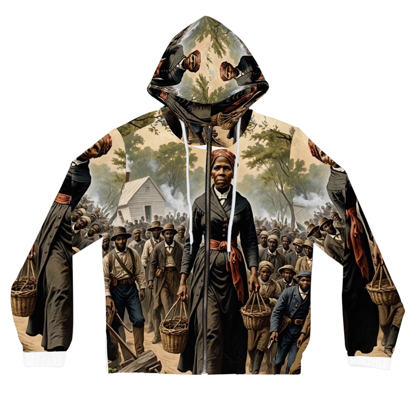Front view of Women’s Full-Zip Hoodie worn by model – Black Owned Apparel, soft fabric with full-length zipper and front pockets