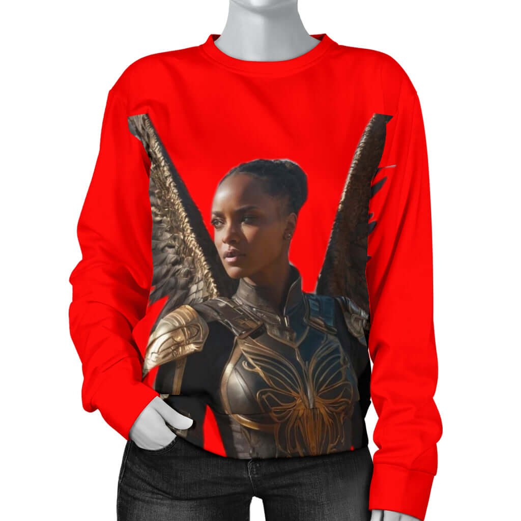 A women's sweater with a printed fantasy character on the front. Red Color.
